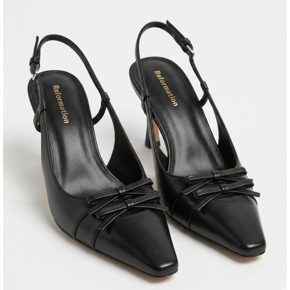 Reformation Black Leather Bow Pointed Square Toe Slingback Heels Size 9.5